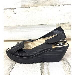 Fly London Womens 11 Black Leather Wedge Slingbacks Peep-Toe Chunky Sandal